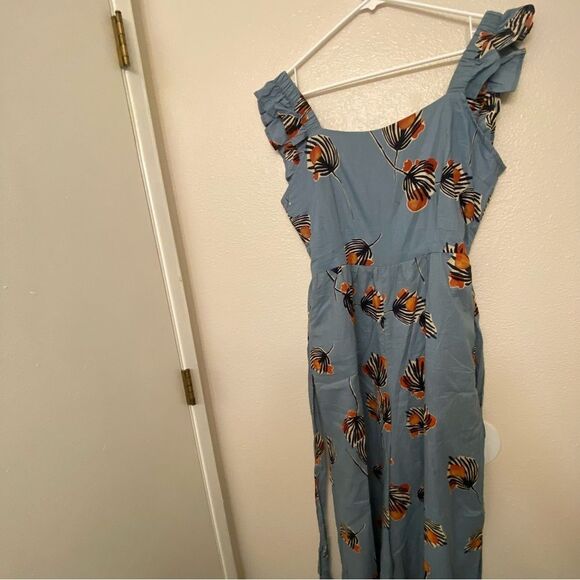 Anthropologie Bel Kazan Blue Floral Evie wide leg jumpsuit l organic cotton L - Picture 13 of 16